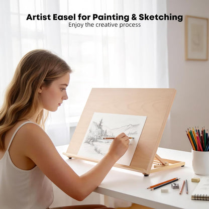 Wooden Tabletop Easel for Painting, Adjustable Table Top Artist Drawing Board for Adults, Students, 5-Position Art Easel Stand 25.6" x 18.9" Drafting Board with A3 Sketch Paper, A2