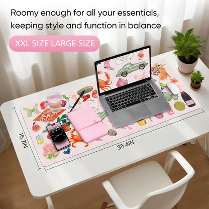 Pink Desk Mat, Leather Desk Pad Blotter Protector, XXL Large Mouse Pad,Computer Laptop Mouse Pads for Desktop,Waterproof Writing Anti-Slip Mousepad for Office and Home I Colorful Stickers