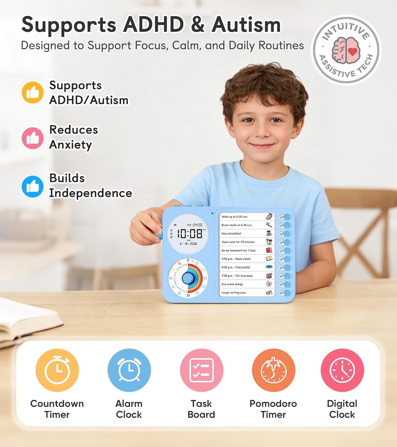 3-in-1 Visual Timer & ADHD Tool for Kids – ADHD Task Timer for Adults with Visual Schedule, Chore Chart & Planning Board for Home, School, Classroom, Work (White)