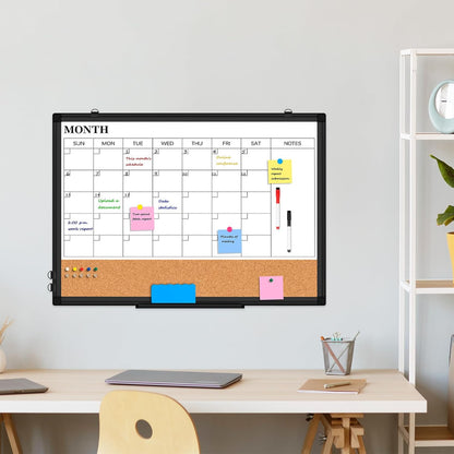 Weekly Dry Erase Calendar Whiteboard for Wall, 24" x 18" Double-Sided Weekly Planner White Board Cork Combo, Hanging & Wall Mount Week Bulletin Board with Notes for Home, Office, School, Kitchen