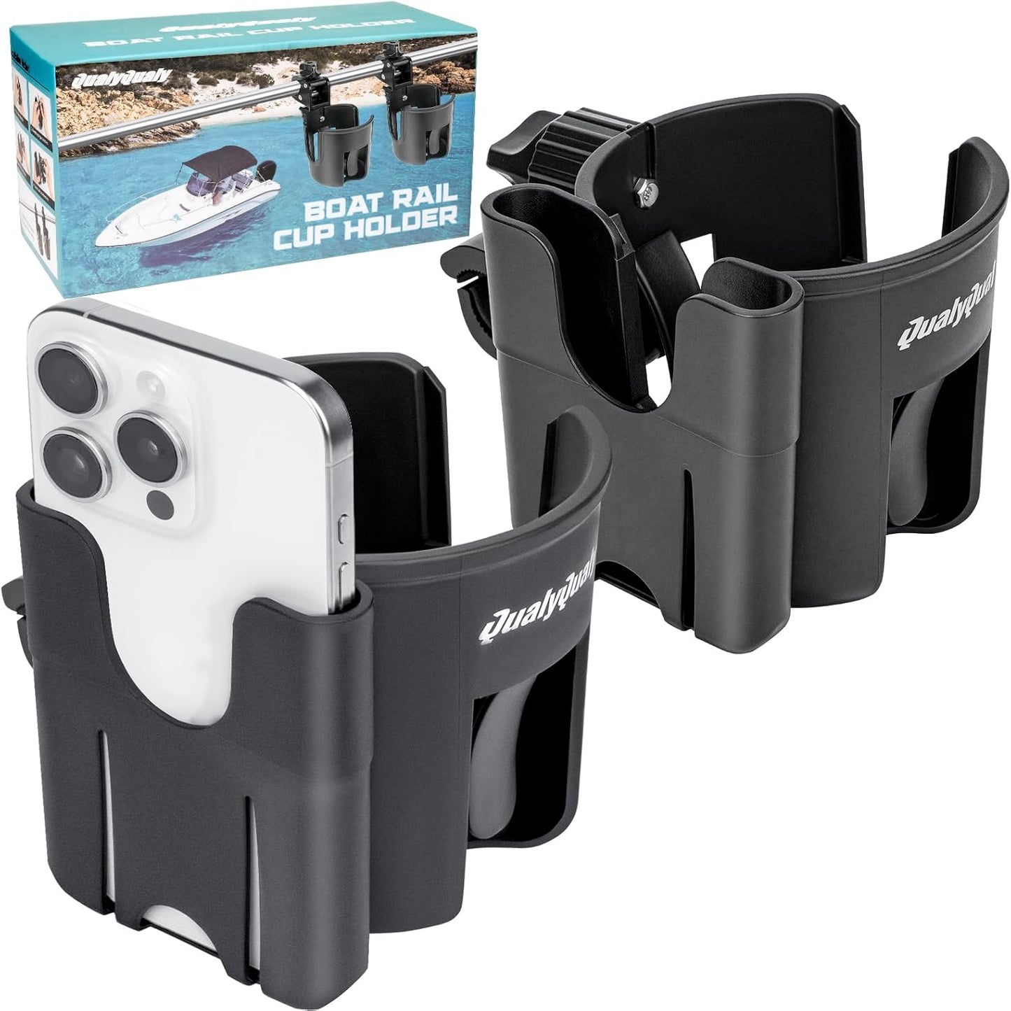 QualyQualy Boat Rail Cup Holder 2 Pack, No-Drill Clamp-On Marine Cup Holders 360° Adjustable for Pontoon Boat, Bimini Top, Grab Bar, PWC, Jet Ski, Fits Round & Square Rails 15-40mm, Boat Gifts for Men
