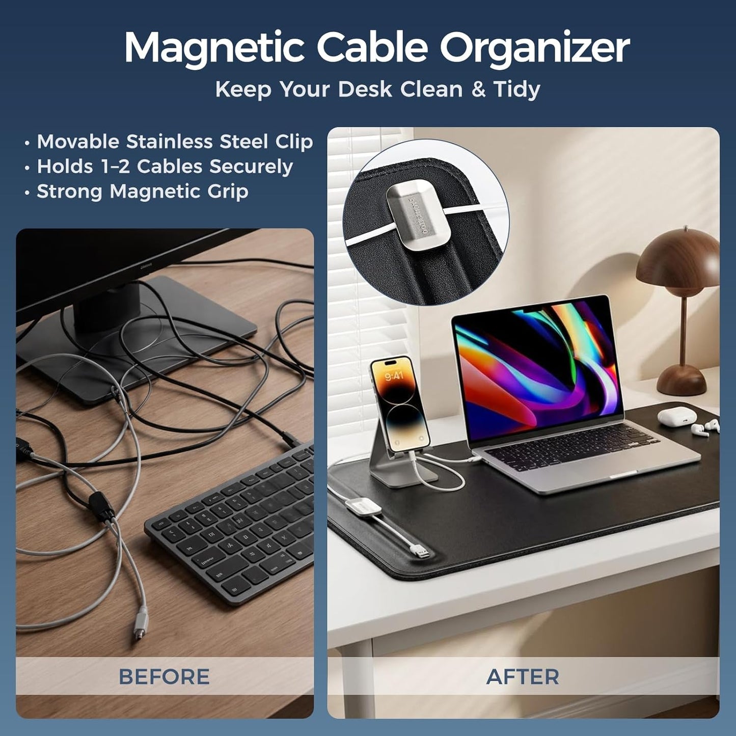Desk Mat – Double-Sided Vegan Leather & Felt | Built-In Magnetic Cable Organizer & File Storage | Premium Workspace Pad for Office, Gaming & Creative Professionals-（Brown）