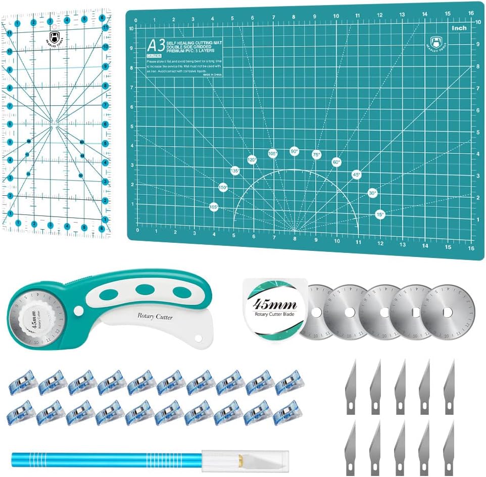 Headley Tools Rotary Cutter Set - 45mm Fabric Cutter, 5 Extra Rotary Blades, A3 Cutting Mat, Quilting Ruler and Sewing Clips, Craft Knife Set, Ideal for Crafting, Sewing, Patchworking, Purple