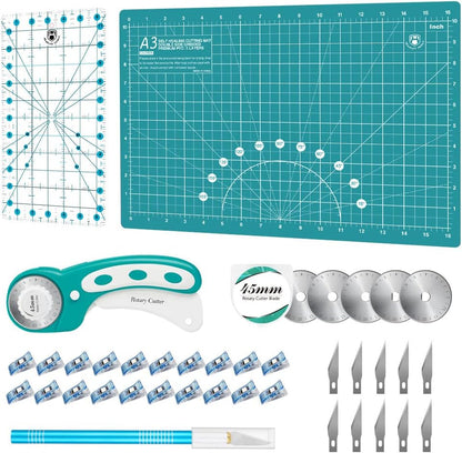 Headley Tools Rotary Cutter Set - 45mm Fabric Cutter, 5 Extra Rotary Blades, A3 Cutting Mat, Quilting Ruler and Sewing Clips, Craft Knife Set, Ideal for Crafting, Sewing, Patchworking, Purple