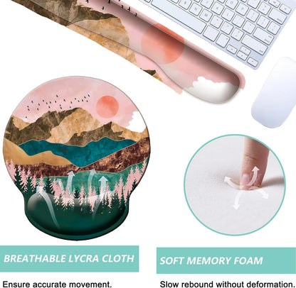 Keyboard Wrist Rest Pad Mouse Pad with Wrist Support Set of 3, Mousepad with Non-Slip Rubber Base, Ergonomic Memory Foam Mouse Wrist Cushion Support for Home Office Laptop Computer Gaming, Forest