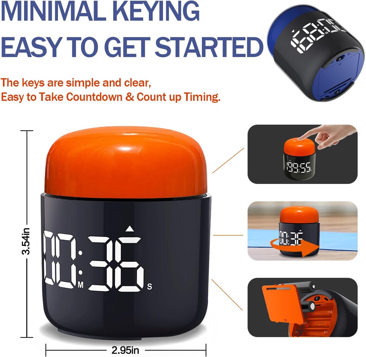 Large Display Digital Timer Stopwatch, Retro Manual Twist Table Count Down & Up Game Timer, Easy to use, Night Light Silent & Sound Timers for ADHD Study Work Kitchen Classroom Yoga Gym (Tangerine)