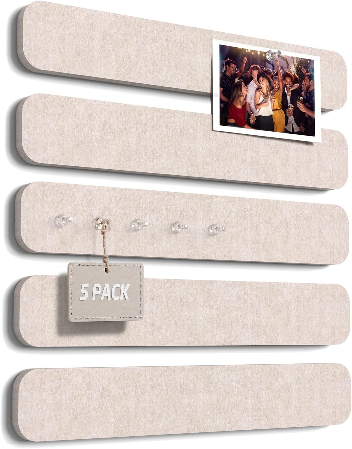 JBER Felt Strip Board 5 Pack 13"x2", Cork Board Alternative Pin Bulletin Board, Self-Adhesive Vision Board with 25 Push Pins for Walls, Office & Home Decor(Light Camel)