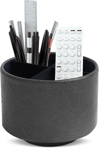 Round Leather Art Supply Organizer,Remote Control Holder,360 Degree Rotating,Multi-Functional Pencil Holder,4 Compartments Desktop Stationary Organizer(1-Fractal Flower) | Round - Colors B