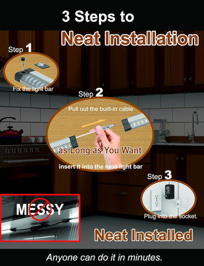 EBD LED Light Bar Built-in Adjustable Cable 12 Pcs Corner Input Under-Counter Light fixtures Work Bench linkable Touch Lights 3000K 5400 Lm Super Bright for Pantry Garage Shelves Closet Shelf