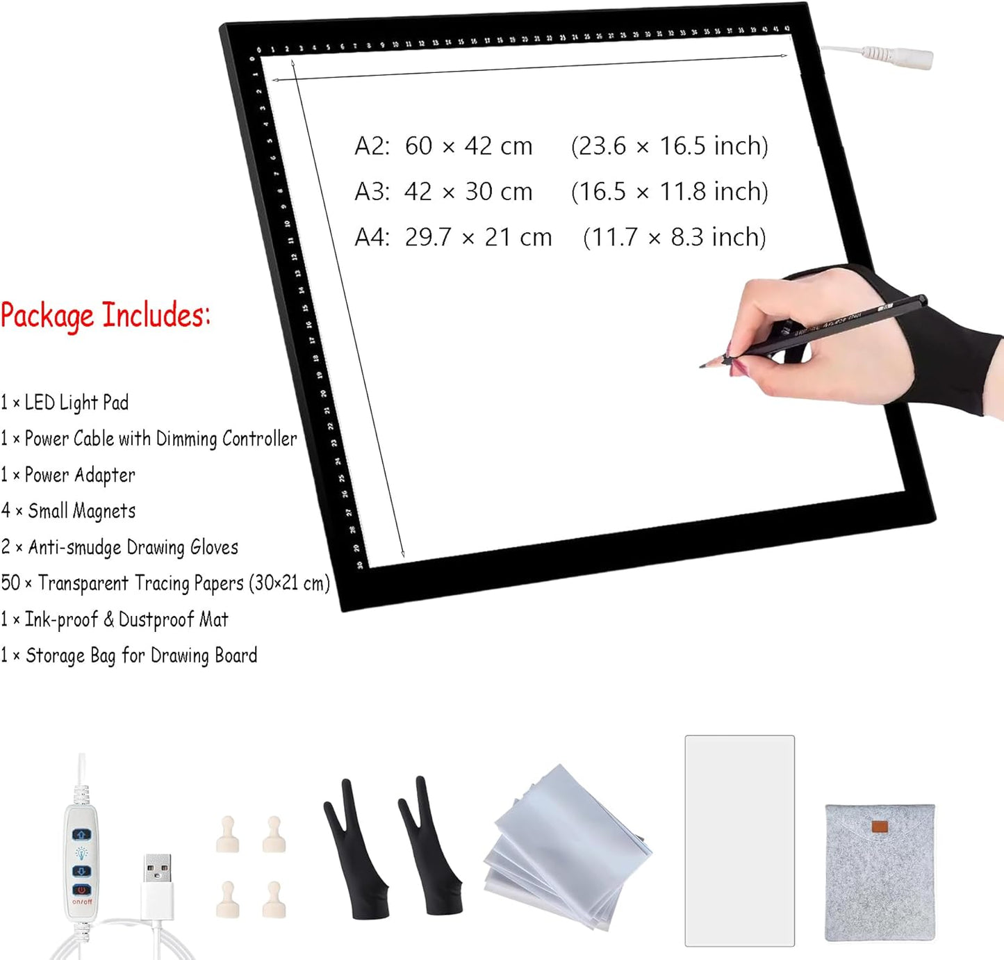 LED Light Pad A0/A1/A2/A3/A4 - Ultra-Thin Tracing Board with Adjustable Brightness, Magnetic Copy Board, Drawing Light Box for Sketching, Diamond Painting, Animation, Tattoo, Weeding Vinyl