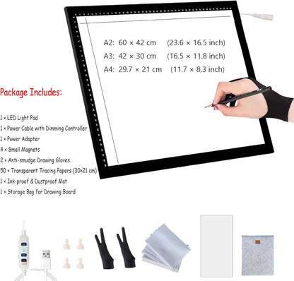 LED Light Pad A0/A1/A2/A3/A4 - Ultra-Thin Tracing Board with Adjustable Brightness, Magnetic Copy Board, Drawing Light Box for Sketching, Diamond Painting, Animation, Tattoo, Weeding Vinyl