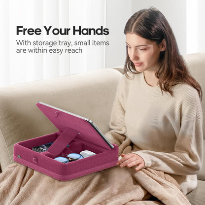 KDD Tablet Pillow Stand with Storage, Foldable iPad Holder for Bed, Lap and Desk, Angle Adjustable Soft Pad Dock with Stylus Mount Compatible with Ipad Pro 12.9, 10.5, 11, Air, Mini, Phones, Books