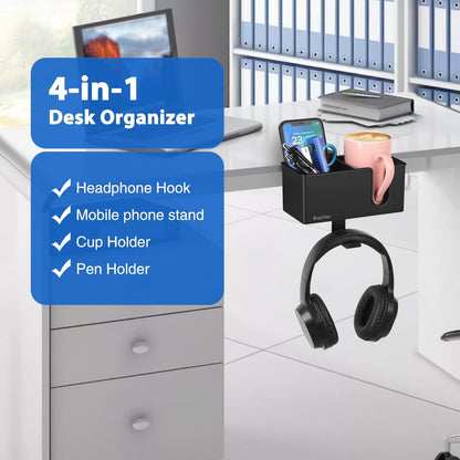 Rosyline 3-in-1 Desk Cup Holder & Clip-on Cup Holder, Clip on Desk Organizer – with Anti-Spill Function, Keeps Your Coffee, Headset, Phone & Pens Within Easy Reach, for Office Desk (Black)