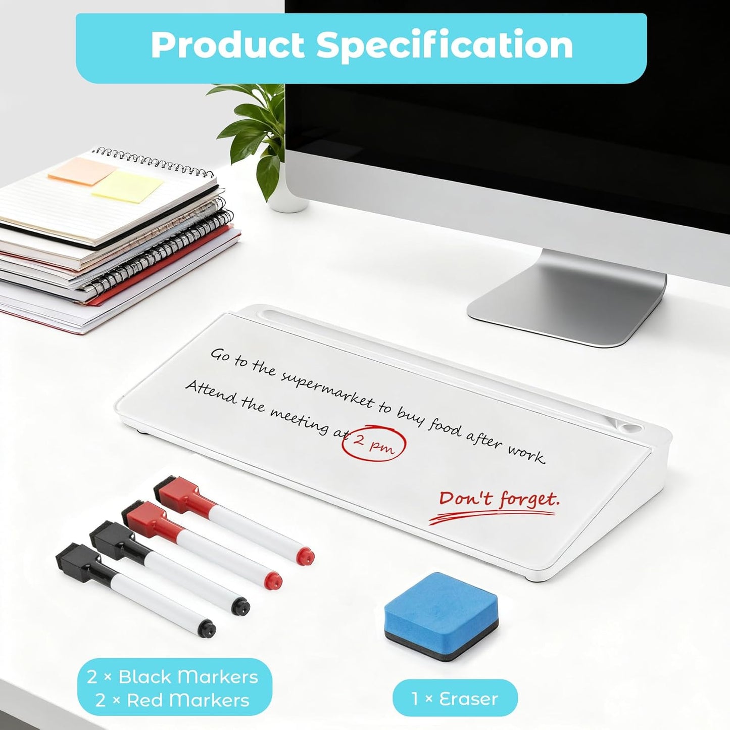 Glass Desk Whiteboard with Storage, 6.8" x 15.8" Small Dry Erase Board, Desk Board with Computer Keyboard Stand & Built-in Drawer, Includes 4 Markers, 1 Eraser for Office, Home, School