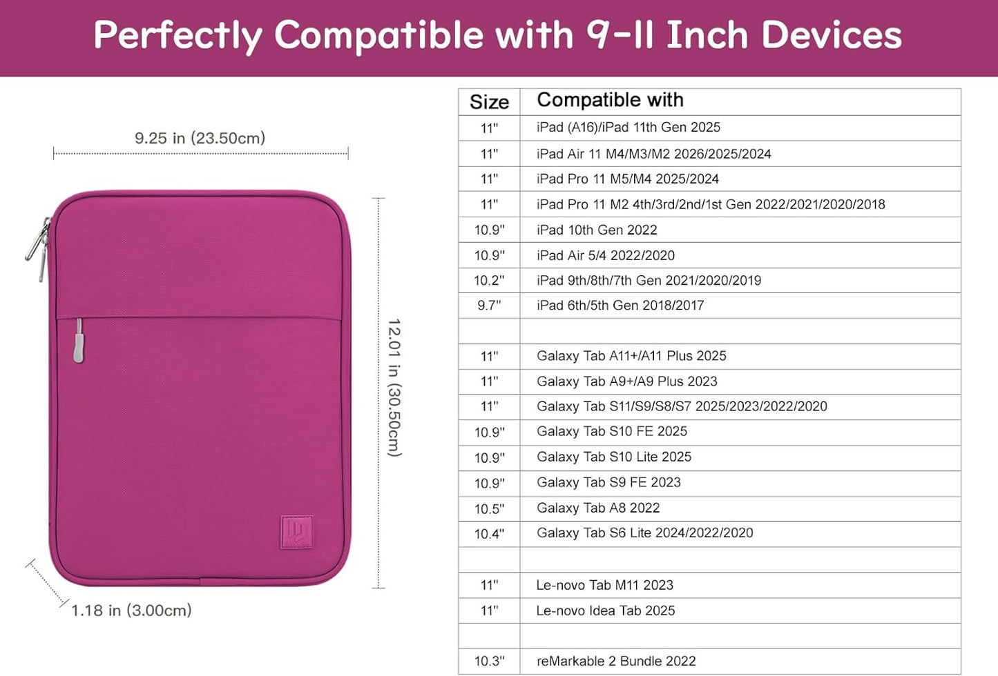 Dadanism 9-11 Inch Tablet Sleeve Padded Carrying Case for iPad (A16) 11th Gen 11", iPad 10th Gen 10.9", iPad Air M4/Pro M5 11", iPad Air 5/4, iPad 9/8/7th Gen, Galaxy Tab A11+ Plus 11", Blue