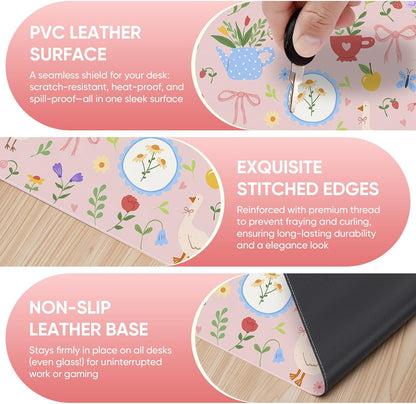Pink Desk Mat, Leather Desk Pad Blotter Protector, XXL Large Mouse Pad,Computer Laptop Mouse Pads for Desktop,Waterproof Writing Anti-Slip Mousepad for Office and Home I Colorful Stickers