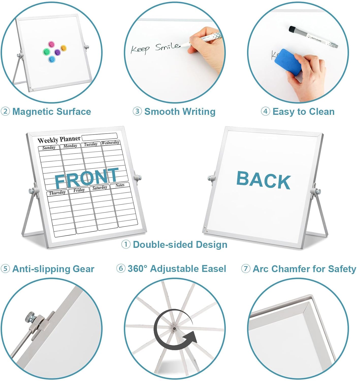 Magnetic Dry Erase White Board with Stand, 10" x 10" Double-Sided Desktop Whiteboard, Mini Portable Weekly Calendar Planner Board Set with 6 Markers, 4 Magnets, 1 Marker Holder & 1 Eraser