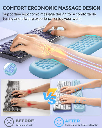 Lekvey Ergonomic Wrist Rest for Computer Keyboard - Memory Foam with Massage Points & Waterproof PU Leather Wrist Pad, Carpal Tunnel Support for Office/Gaming, Typing Pain Relief, Easy-Clean（Blue）