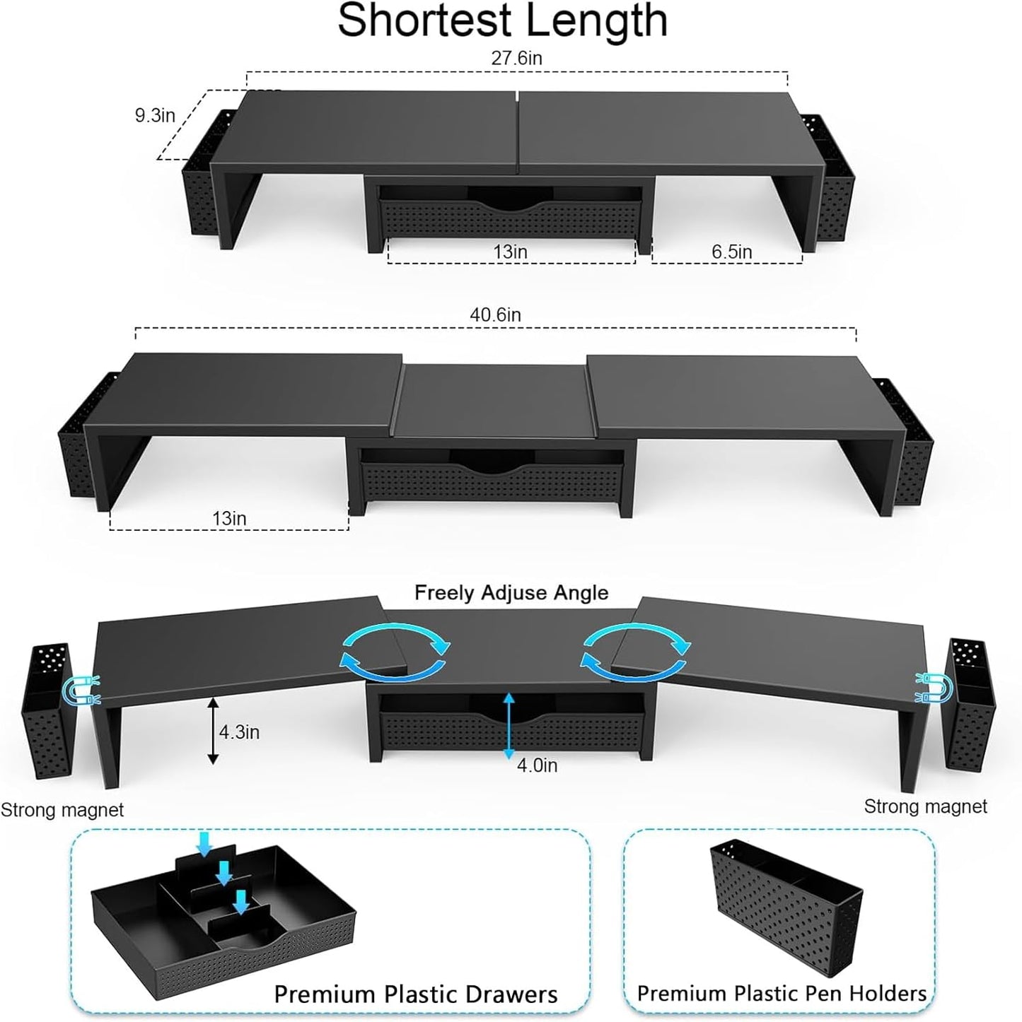 gianotter Dual Monitor Stand Riser, Desk Organizer With Drawer and 2 Pen Holders,Computer Monitor Stand, Desk Shelf for Top of Desk, Wood