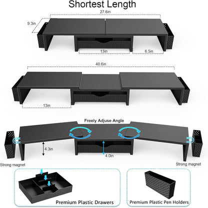 gianotter Dual Monitor Stand Riser, Desk Organizer With Drawer and 2 Pen Holders,Computer Monitor Stand, Desk Shelf for Top of Desk, Wood