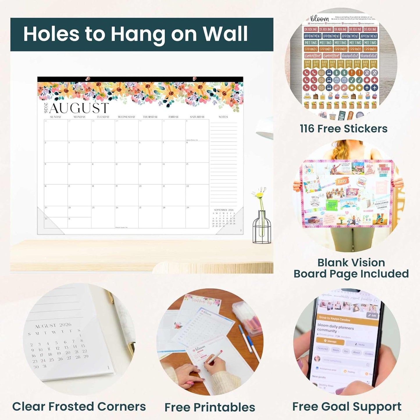 bloom daily planners Desk Calendar 2026-2027 - Academic Year Large Wall Calendar (July 2026 - July 2027) - 21” x 16” Desktop & Hanging Monthly Planner with Stickers for Home or Office - Seasonal