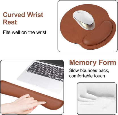 MOSISO Wrist Rest Support for Mouse Pad & Keyboard Set, Ergonomic PU Leather Keyboard and Mousepad with Wrist Rest&Coaster Non-Slip Base Home/Office Easy Typing Cushion with Raised Memory Foam, Brown