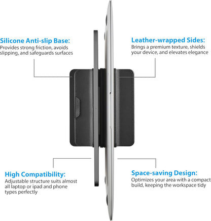 Dual Vertical Laptop Stand, 3 in 1 Upright Desktop Stand Holder with Adjustable Dock (Up to 17.3''), Leather Laptop Rack Storage Desk Organizer for Phone, Tablet, MacBook/HP/Dell/Chrome Book (Black)