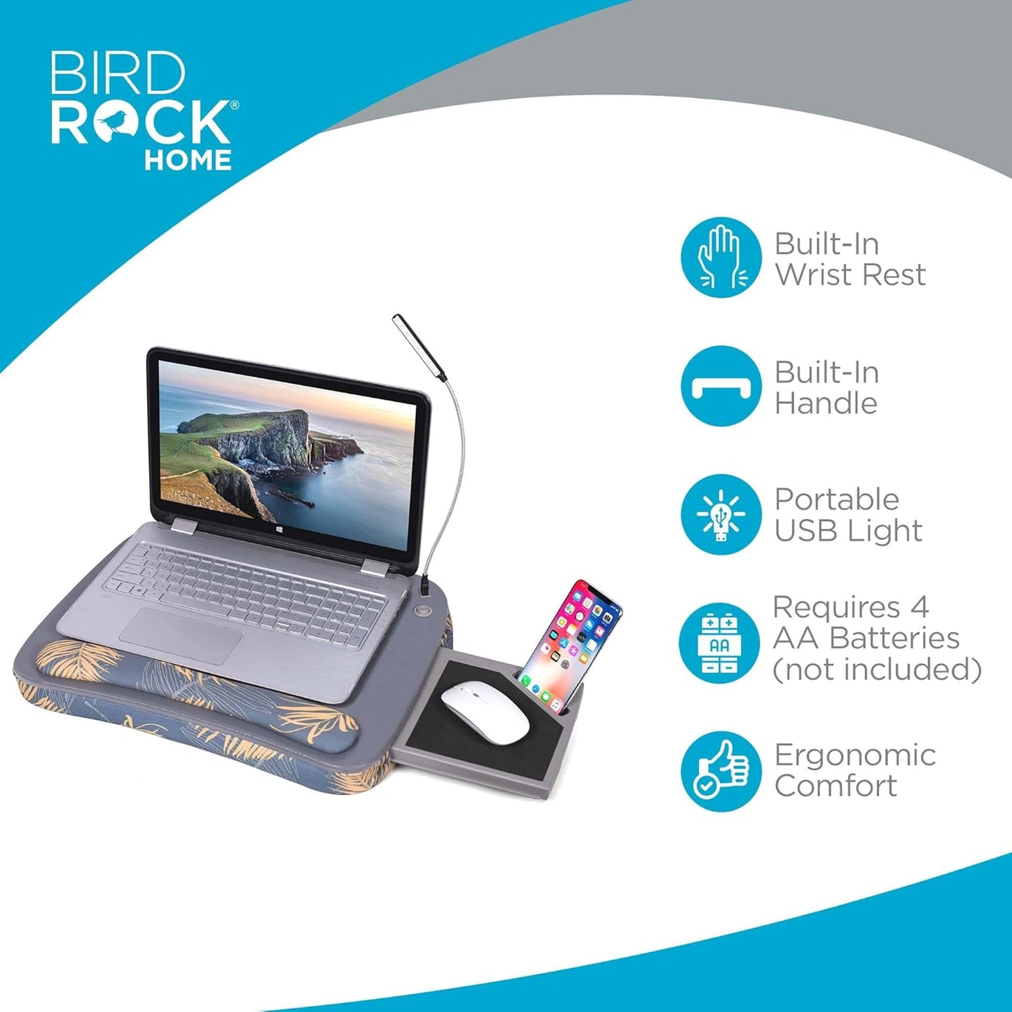 BIRDROCK HOME Deluxe Lap Desk with Memory Foam Cushion, USB Light & Dual Mouse Pads | Fits 15" Laptops, 9.6" Tablets, Phones | Portable Workstation for Teens & Adults | Tropical Grey Pattern