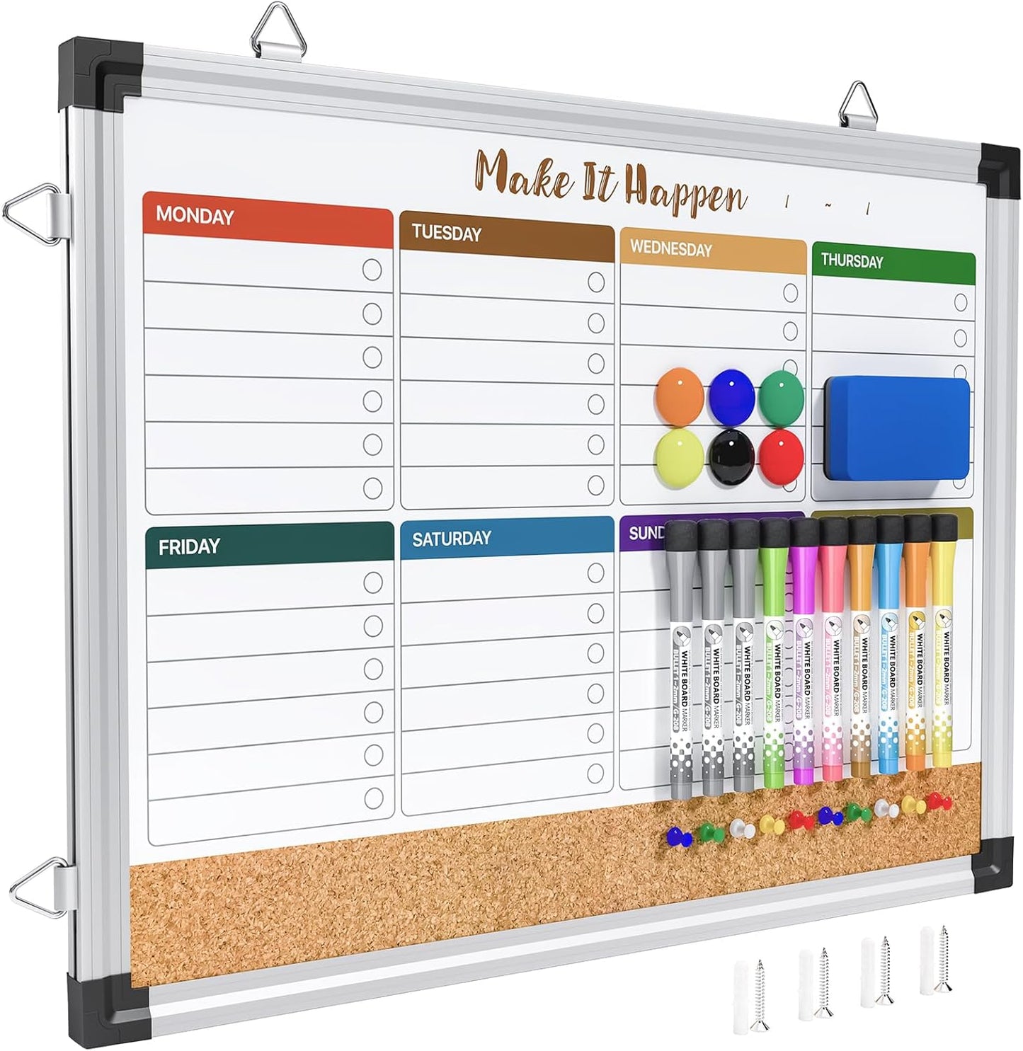 Marsrock Weekly Dry Erase Board and Cork Board Combo for Wall, 17"x13" Reversible Hanging Dry Erase Board, Double Sided White Board with Aluminum Frame for Planning, Office, Kitchen, School, Home