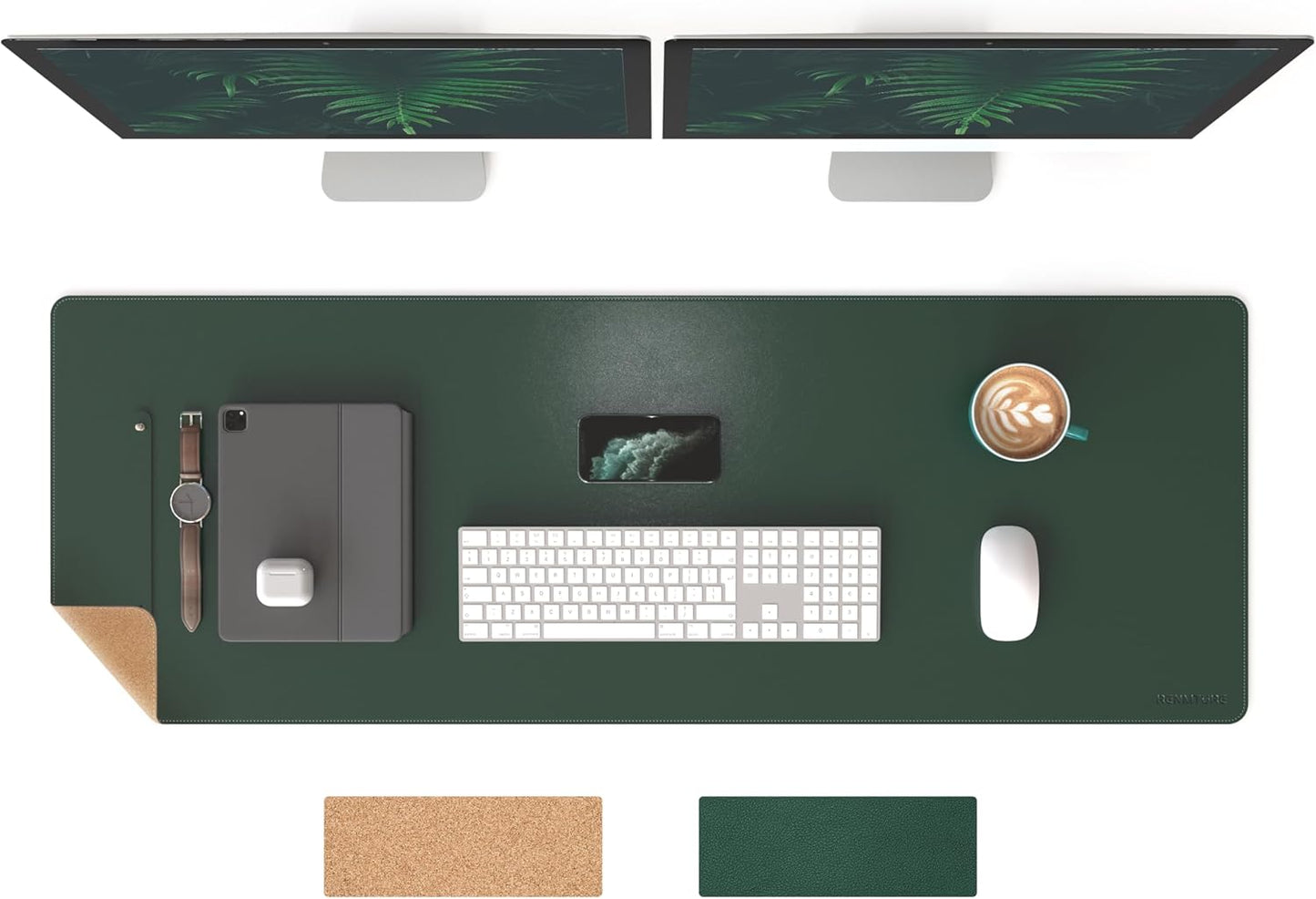 RENMTURE Dual-Sided Mouse Pad, Natural Cork & PU Leather Large Desk Pad for Office and Home Work, Desk Protector Non-Slip, Waterproof, Easy Clean (Olive Green, 32"x16")