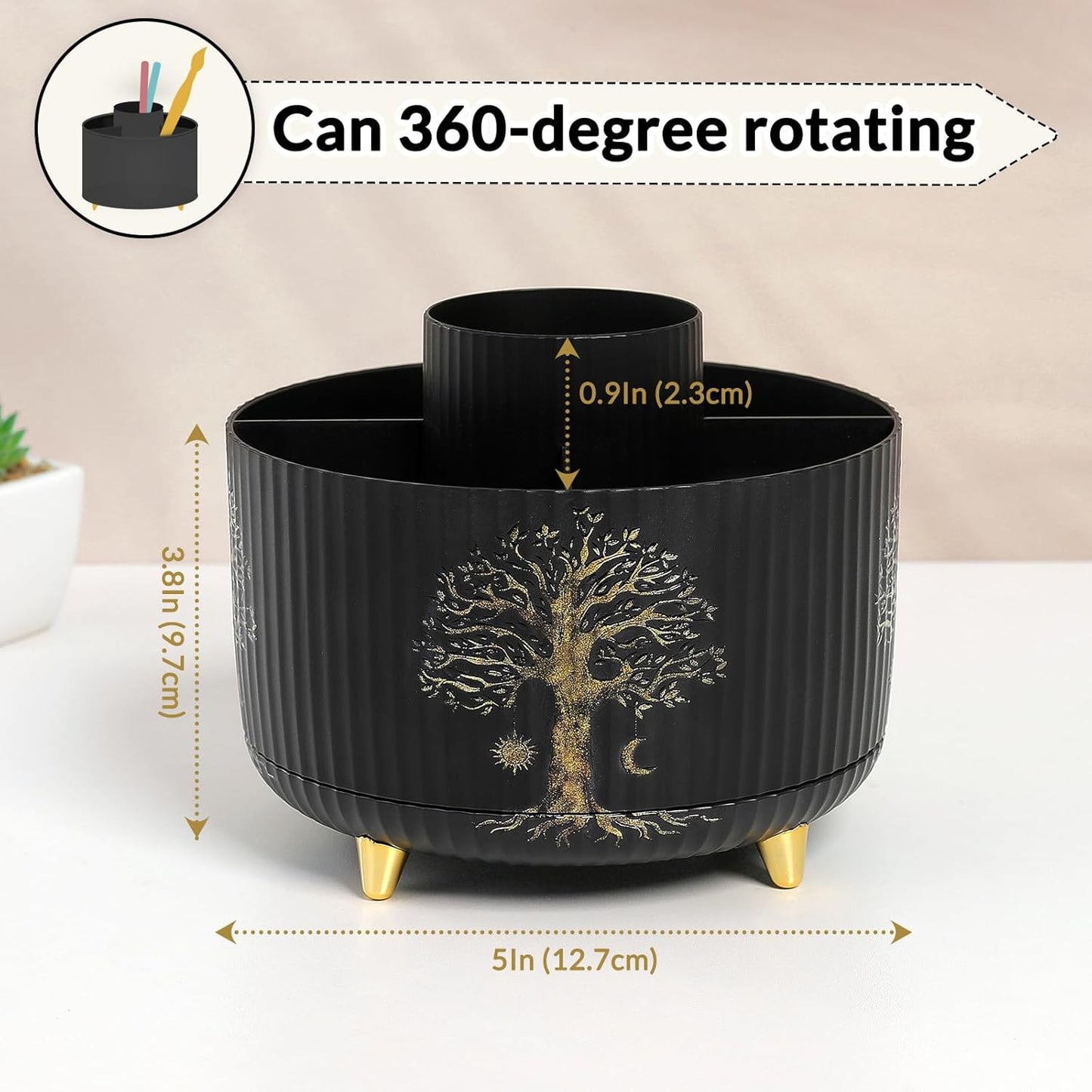 SKYDUE 360 Rotating Plastic Desk Pen Organizer with 5 Slots, Dual-Purpose Art Supply Pencil Cup for Office, School, Home