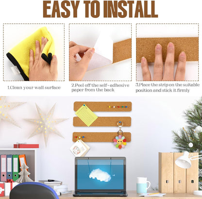 6 Pack Corkboard Strips for Walls, Self Adhesive Thick Cork Board Strips, Peel and Stick Cork Board with 50 Push Pins for Paste Notes, Photos, Schedules