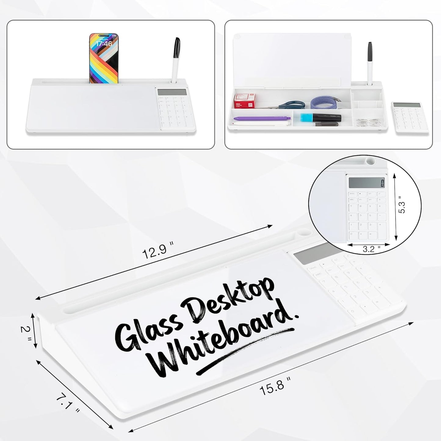 Glass Desktop Whiteboard 15.8×7”, Dry Erase Note Memo Board, Desk Organizer with Storage for Office, Home, Study, Black