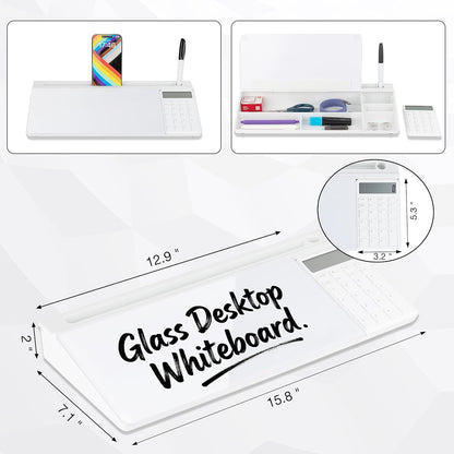 Glass Desktop Whiteboard 15.8×7”, Dry Erase Note Memo Board, Desk Organizer with Storage for Office, Home, Study, Black