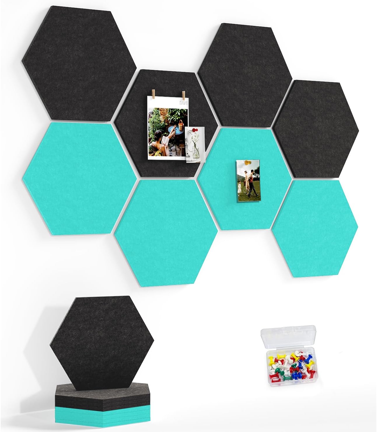 8 Pack Hexagon Felt Bulletin Board Tiles - 12" Large Thick Pin Board for Walls with 30 Push Pins, DIY Boards for Office Home School Decor, Aesthetic Hex Cork Board Alternative