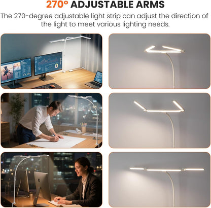 LED Desk Lamp for Office Home, 3 Light Bar Adjustable Desk Light with Clamp, Architect Table Lamp Computer Monitor Lighting, Stepless Dimming Eye-Caring Clip on Light for Workbench Reading Study Black
