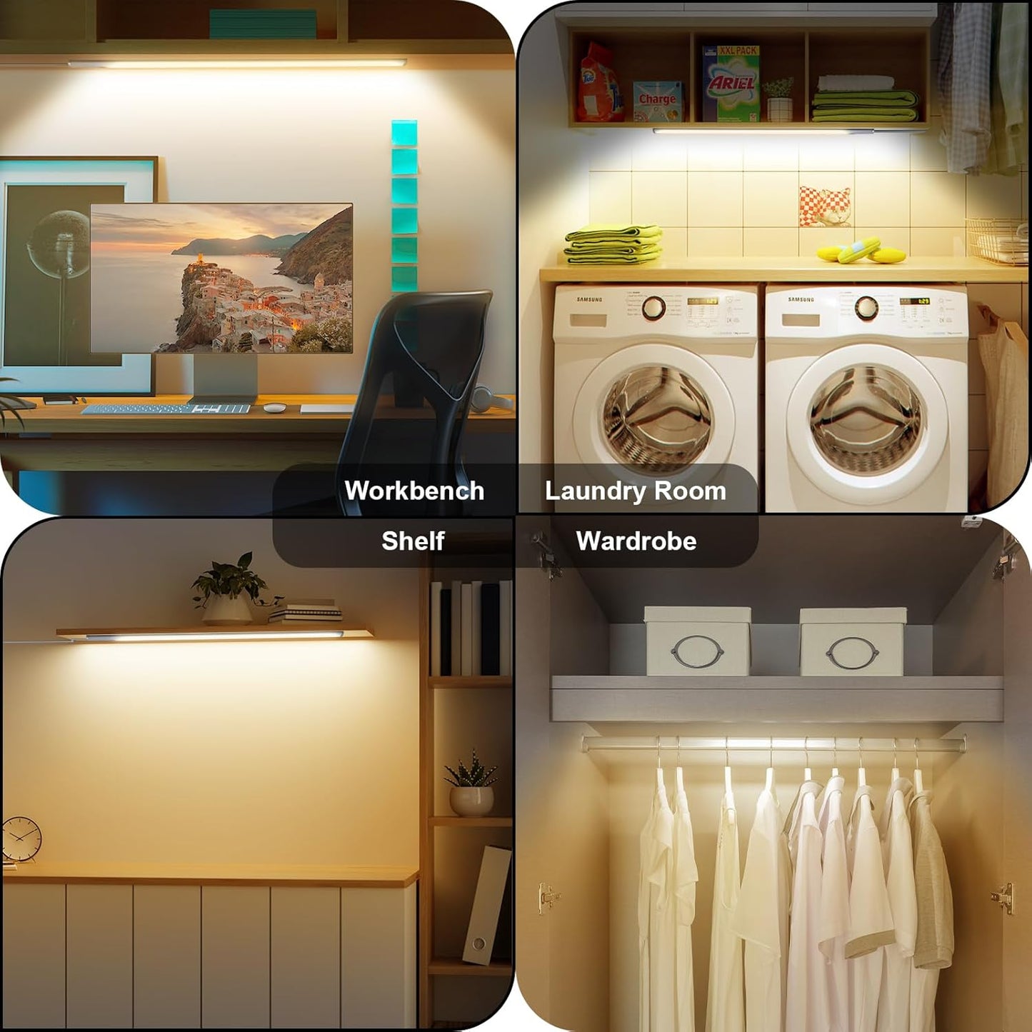 JUSJUBR 12-Inch Slim LED Under Cabinet Light with Memory Function, Warm White 3000K Dimmable USB Light Bar for Rooms