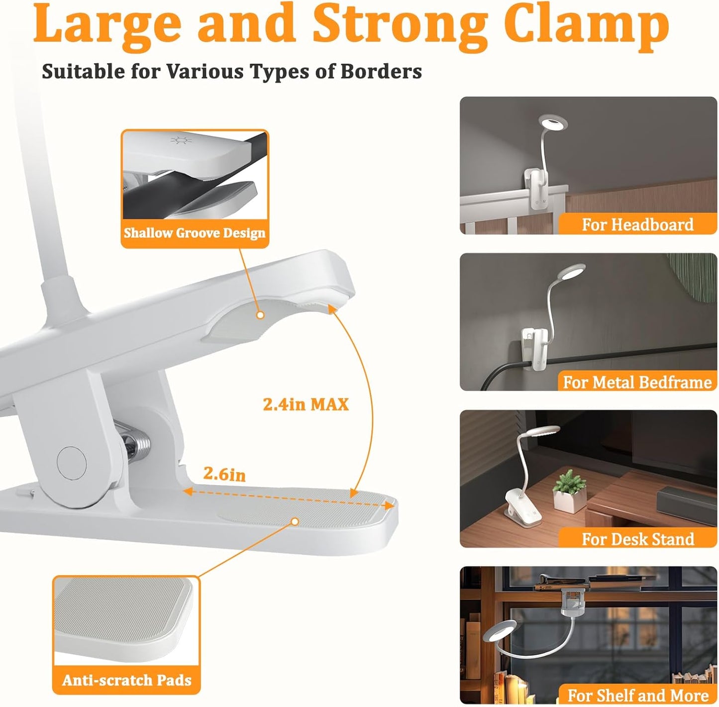 Clip on Light Rechargeable with Large Clamp, Battery Operated Bed Headboard Reading Lamp - 5 Colors 5 Brightness, Flexible Arm Book Light at Night for Kids Desk Bunk Metal Bed Frame (Black)