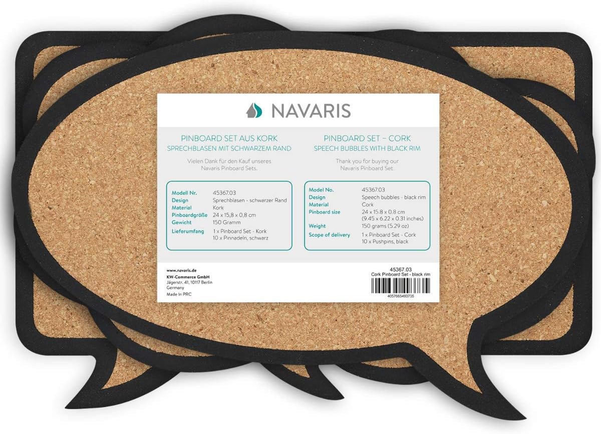 Navaris Cork Bulletin Board Set - 3X Pieces Cork Boards in Cute Decorative Speech and Thought Bubble Shapes with Push Pins for Kitchen, Home, Office