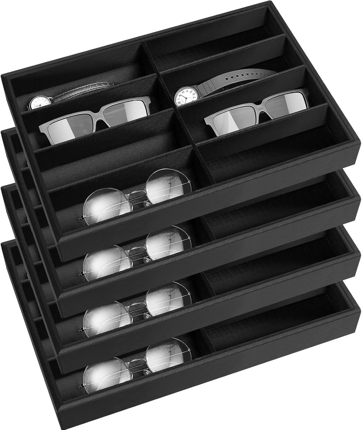 Amylove 4 Pcs Gray Sunglass Organizer Trays 4 Grids Velvet Glasses Holder Jewelry Display Organizer Eyeglasses Storage Box Drawer