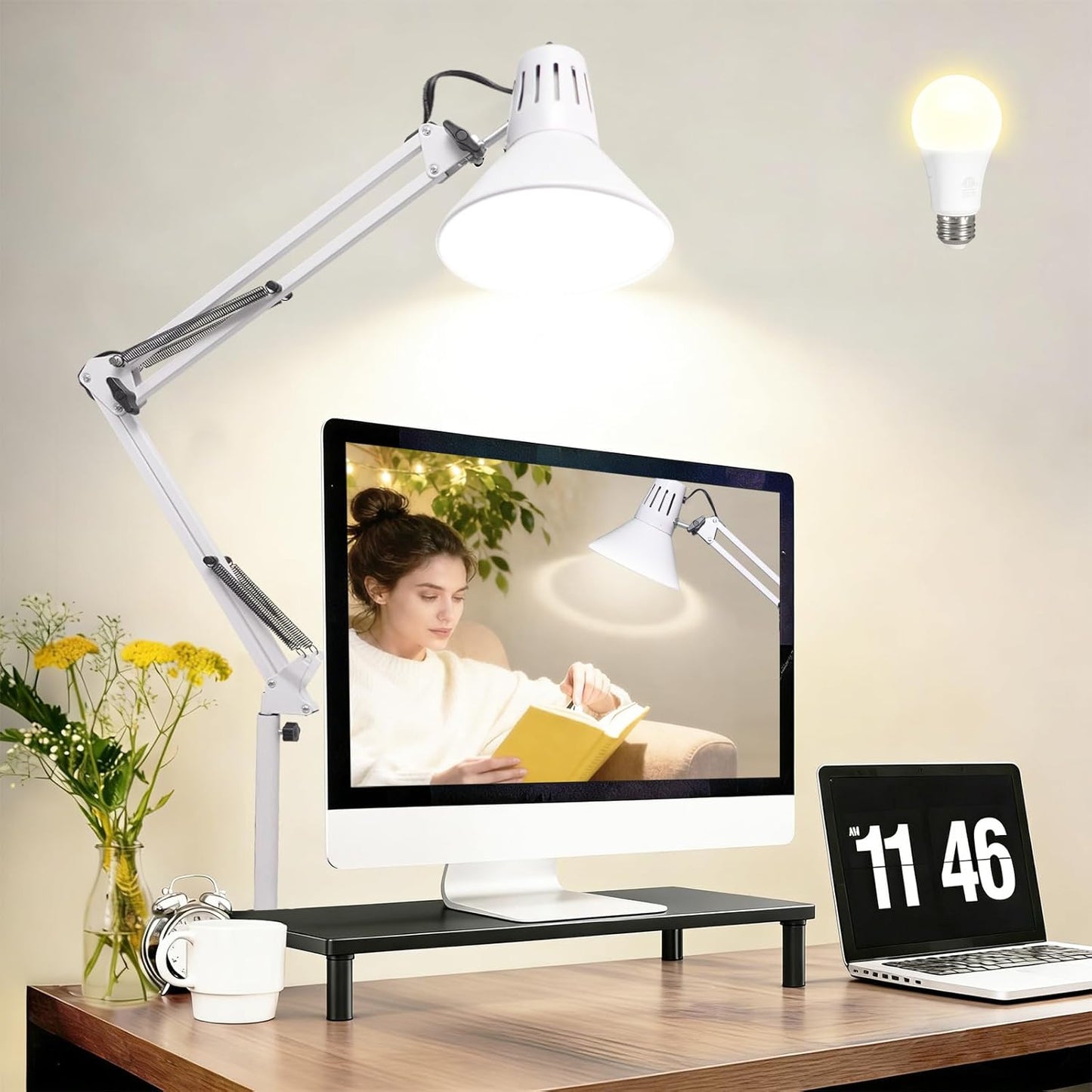 Desk Lamp With Clamp for Home Office, Eye-Caring Clip on Light with Adjustable Extra Tall Metal Swing Arm, High Intensity Clamp Lamp w/LED Bulb, Architect Task Table Lamps for Study, Workbench-B/5000k