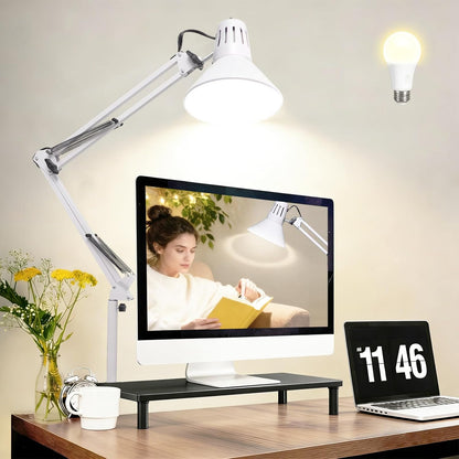 Desk Lamp With Clamp for Home Office, Eye-Caring Clip on Light with Adjustable Extra Tall Metal Swing Arm, High Intensity Clamp Lamp w/LED Bulb, Architect Task Table Lamps for Study, Workbench-B/5000k