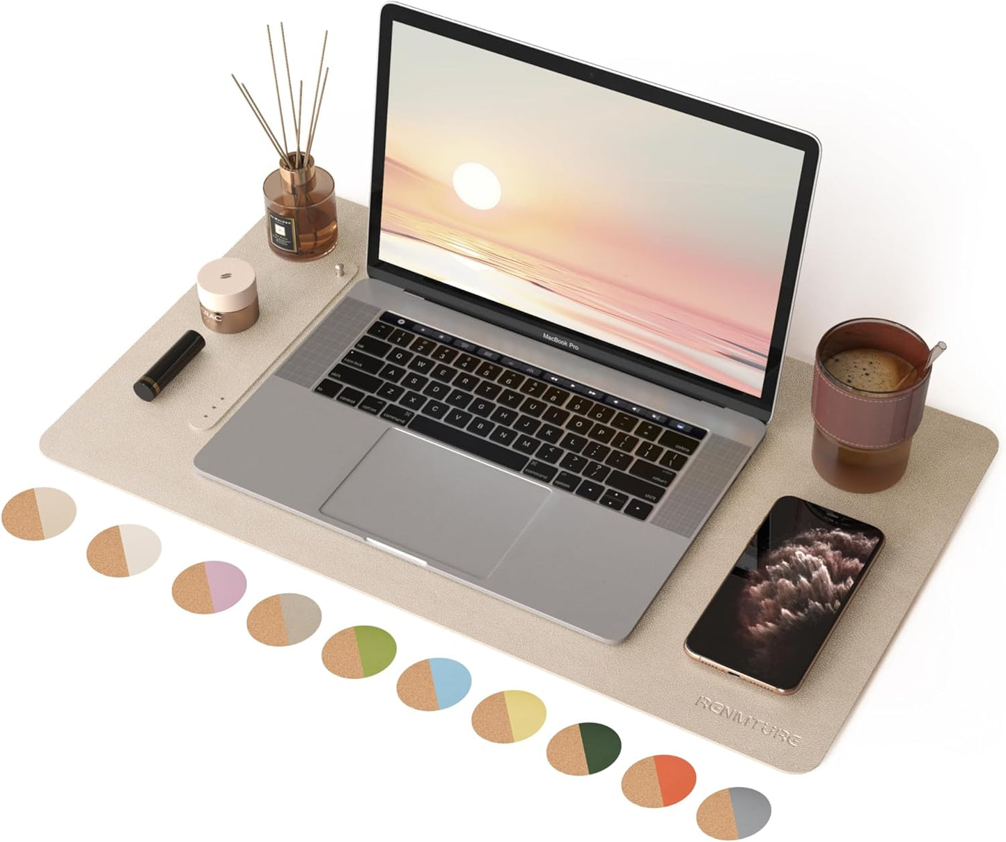 RENMTURE Desk Pad, Cork & PU Leather Desk Mat, Large Mouse pad, Non-Slip Desk Protector and Blotter, Waterproof Writing Pad, Desk Accessories and Organizers for Home Office (Light Yellow, 32"x16")