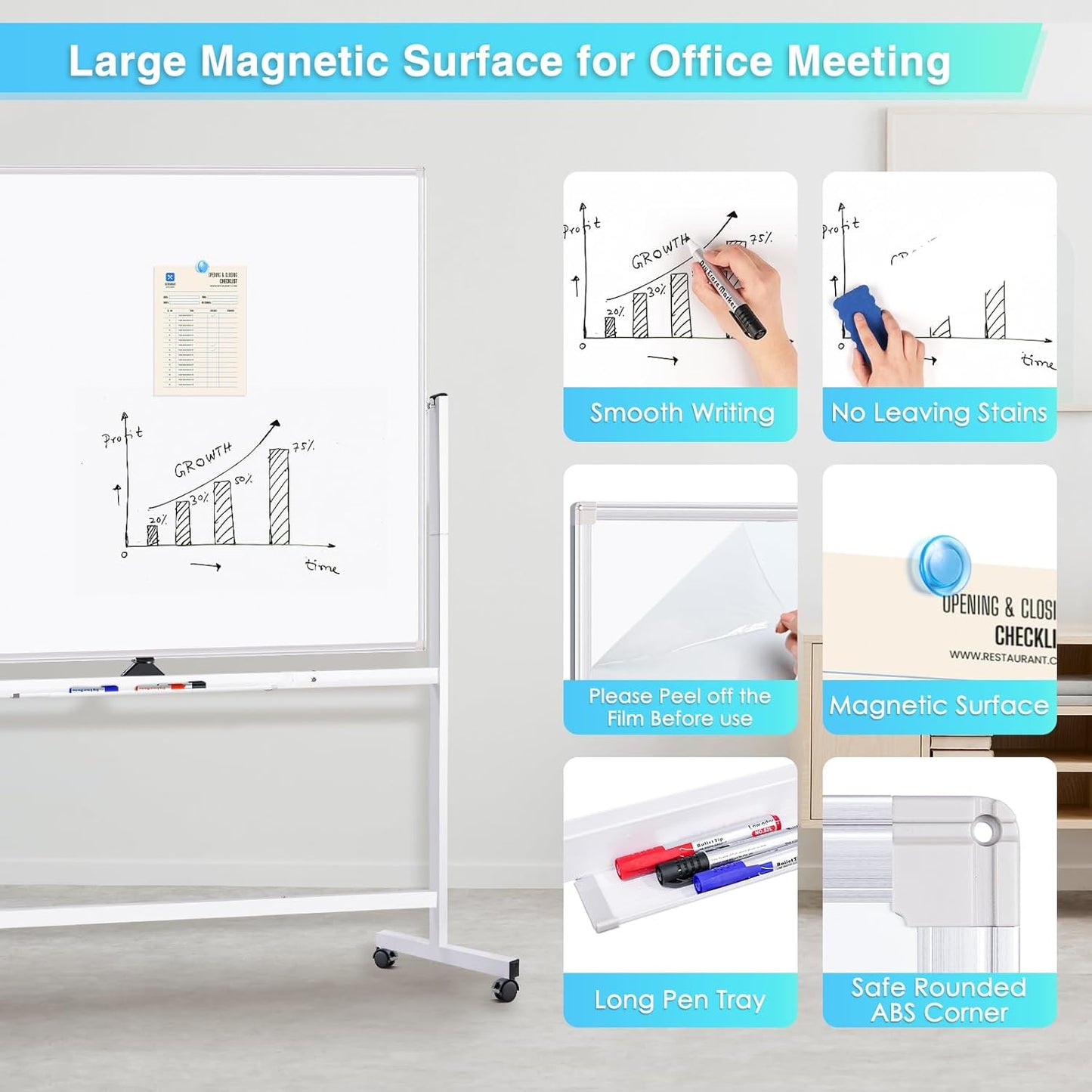 maxtek Magnetic Mobile White Board, 40 x 24 Double Sided Dry Erase Board Rolling Whiteboard, Aluminum Frame Standing Whiteboard on Wheels for Home Office Classroom (40 x 24 Black)