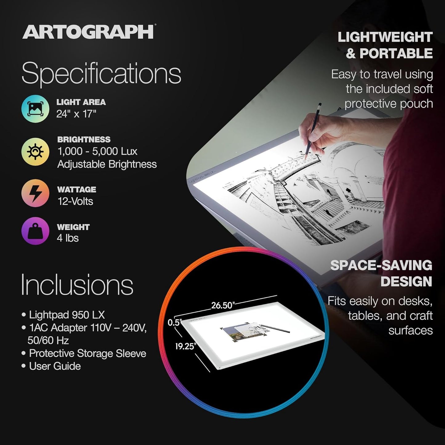 Artograph Thin LED Light Box, 17" x 12" Dimmable Drawing & Tracing Pad, LightPad 940 LX