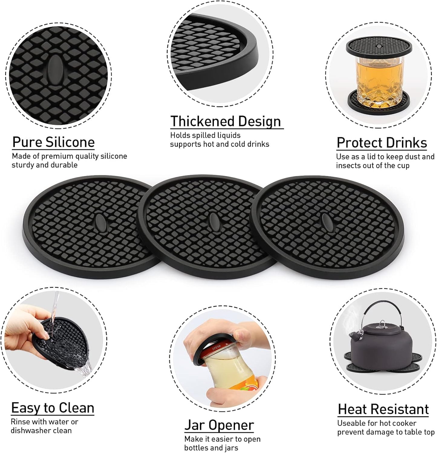 2 Pack Silicone Coasters for Drinks, Round Black Coaster with Deep Tray Grooved Design Cup Mat, Washable Heat Resistant Durable Non-Slip Coasters for Coffee Table Wooden Desk Kitchen Bar