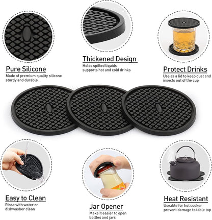 2 Pack Silicone Coasters for Drinks, Round Black Coaster with Deep Tray Grooved Design Cup Mat, Washable Heat Resistant Durable Non-Slip Coasters for Coffee Table Wooden Desk Kitchen Bar