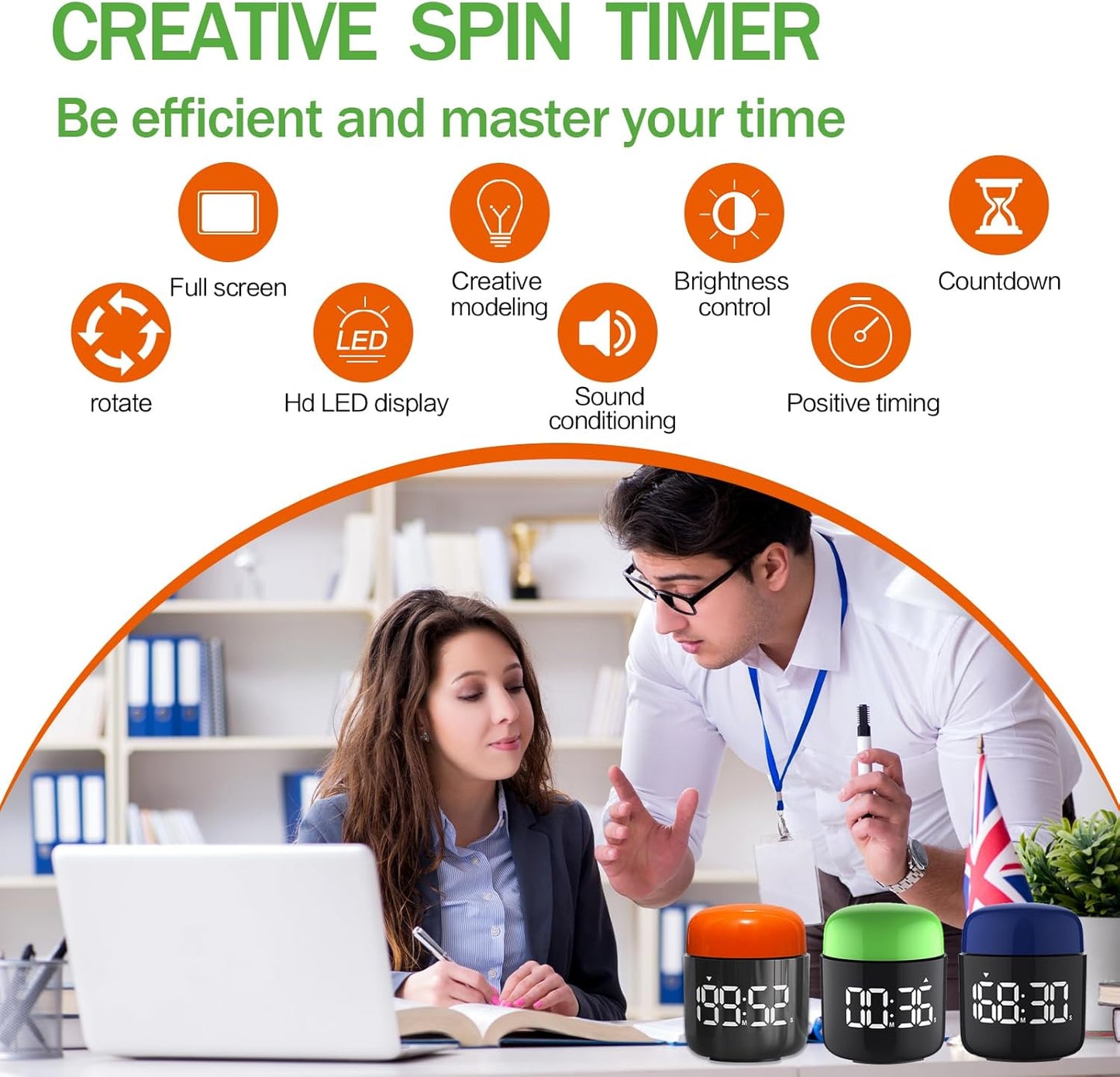 Large Display Digital Timer Stopwatch, Retro Manual Twist Table Count Down & Up Game Timer, Easy to use, Night Light Silent & Sound Timers for ADHD Study Work Kitchen Classroom Yoga Gym (Tangerine)