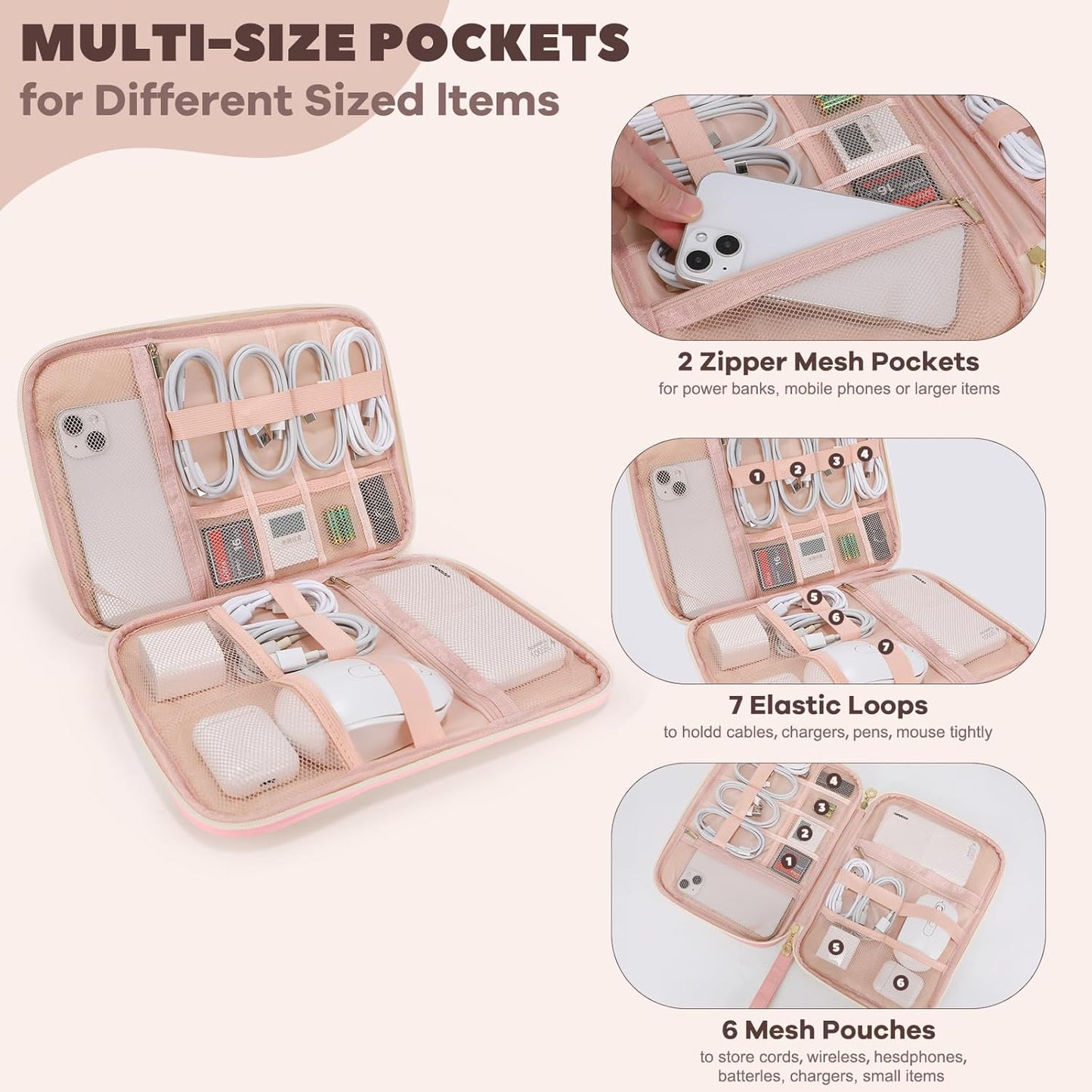 Electronics Organizer Travel Case, Charger Bag Cord Organizer Travel, Compact Tech Pouch Cable Organizer Bag for Charger, Cords, Phone, Headphones, Flash Drive, SD Card (Pink, Small-Double Layer)