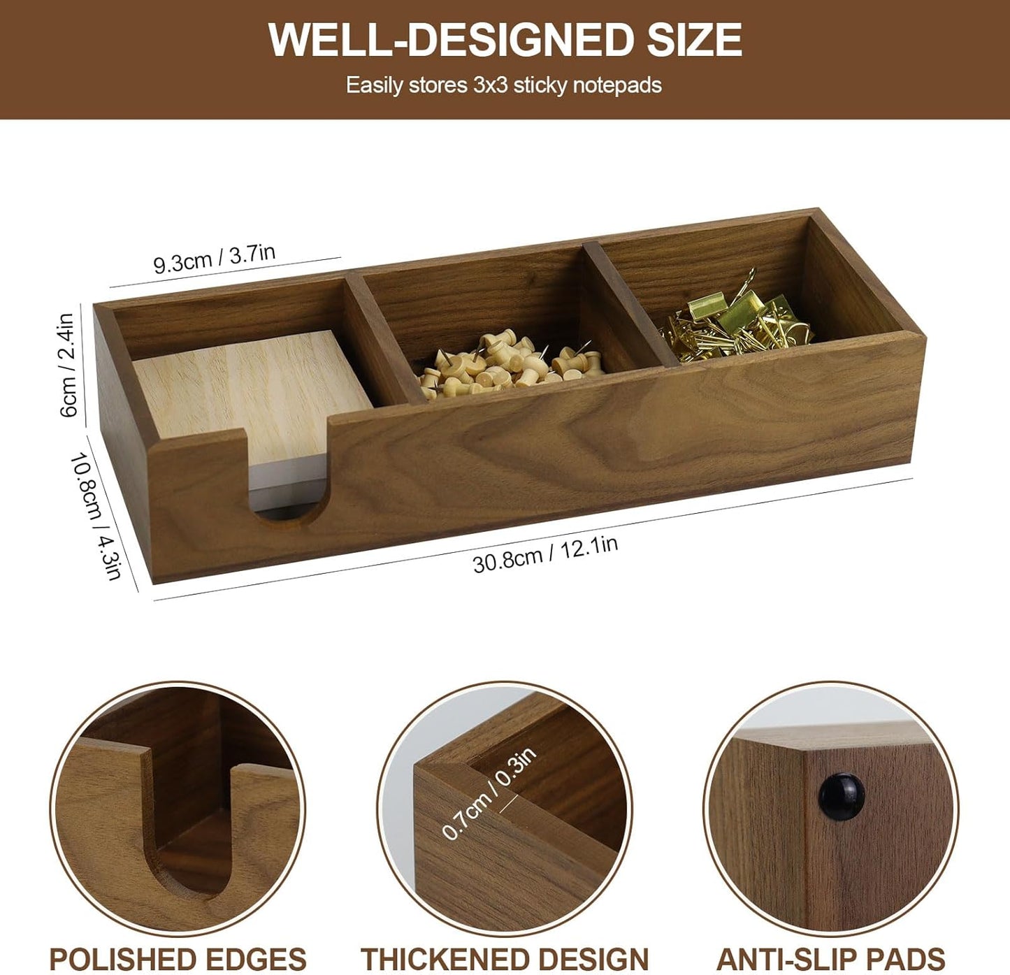MultiBey Walnut Wood Sticky Notes Holder for Desk, 4x6 Inch Self -Sticky Note Memo Holder, Wooden Sticky Note Dispenser Office Desk Organizer for Dorm Room Office Home School (S)